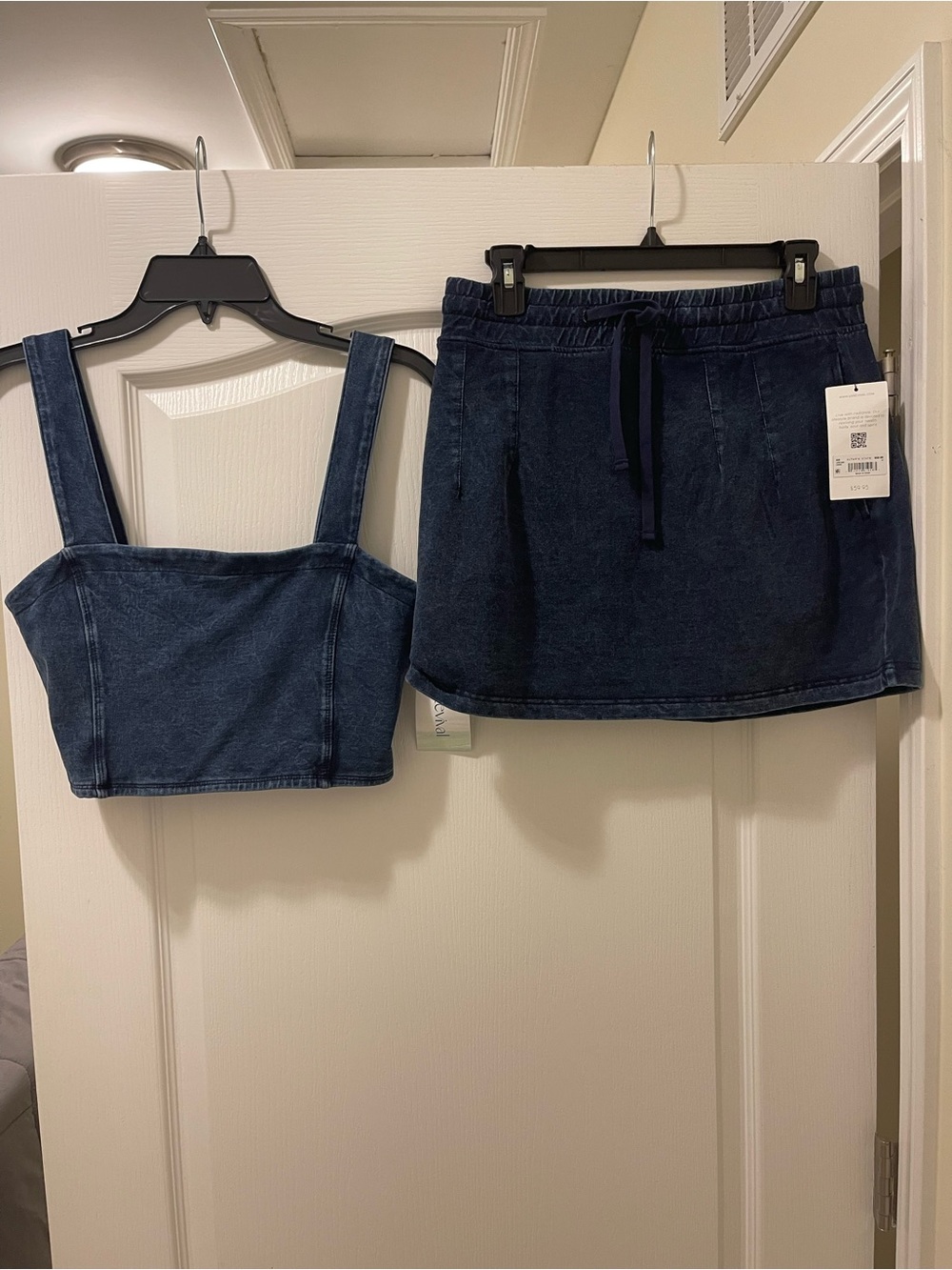Altar'd State Dark Blue Denim Mini Skort with Matching Crop Top Set